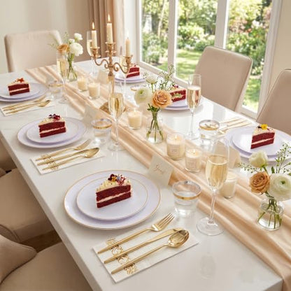 MirthMood 210Pcs Disposable Plastic Plates Set, Gold and White Plastic Party Plates, Includes:30 Dinner Plates, 30 Dessert Dinnerware, 30 Cups, 30 Napkin Cutlery for Spring Wedding,Birthday Party - color: White, size: 210