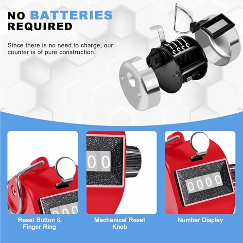 TESEAS Clicker Counter Handheld Tally Counter 4-Digit Number Counter, 2 Pack Hand Mechanical Counters Clickers Pitch Umpire Click Counter for Coaching, Knitting, People, Lap, Fishing, Golf, - color: 2pc red blue