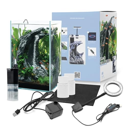 Aqua Worx Sand Waterfall Tank Kit - Silent Operation Falling Sand Fish Tank w/LED Light and Self Cleaning Filtration - Desktop Rimless Starter Aquarium Kit, Just Add Plants - 3.38GAL | 12.8L (A1) - size: A1 (20CM)