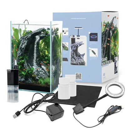 Aqua Worx Sand Waterfall Tank Kit - Silent Operation Falling Sand Fish Tank w/LED Light and Self Cleaning Filtration - Desktop Rimless Starter Aquarium Kit, Just Add Plants - 3.38GAL | 12.8L (A1) - size: A1 (20CM)