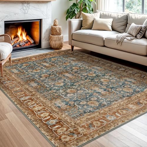 SIILOOM 5x7 Area Rug for Bedroom, Ocean Rust Large Vintage Tribal Rug with Slip-Resistant, Non-Shedding Washable Area Rugs for Living Room, Soft Tribal Floral Carpet for Office Home Décor - color: Ocean/Rust, size: 5' x 7' (Rectangular)