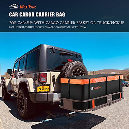 MeeFar Hitch Mount Cargo Carrier Bag Soft Shell 100% Waterproof 16 Cubic Feet (58" 24" 19") Include 8 Reinforced Straps for Truck Pickup All Vehicle with Steel Cargo Basket - size: 16 Cubic Feet