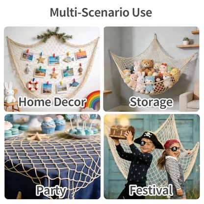 Natural Cotton Fish Net Decorations, 4x6.6 Ft Nautical Party Decor for Hawaiian Pirate Ocean Beach Theme, Halloween Christmas Wall Backdrop Decoration