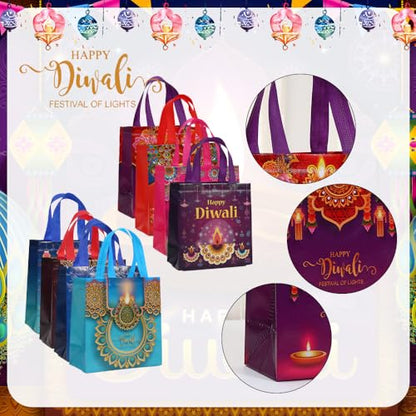 Colodeol 16 Pcs Diwali Gift Bags, Happy Diwali Tote Bags with Handles Non-woven Treat Bags Bulk for Indian Light Festival Party Decoration Favor
