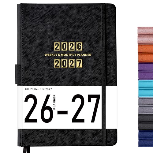 Planner 2026-2027 - Jul. 2026 - June. 2027, 2026-2027 Planner, 12-Months 26-27 Planners Weekly and Monthly, 5.75" x 8.25", Saffiano Leather with Thick Paper, Back Pocket with Notes Pages - color: Dark Black C