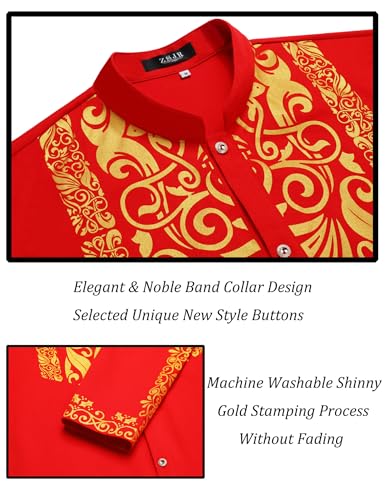 Mens African 2 Piece Sets Dashiki Metallic Traditional Suit Gold Stamp Printed Shirt and Pants Outfit - color: Red, size: XX-Large