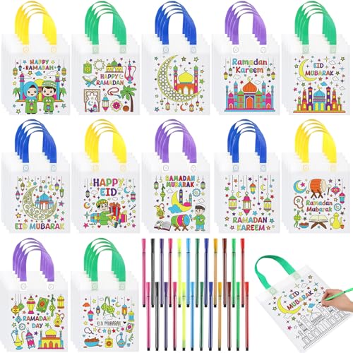 Saypacck 48 Pcs Ramadan Coloring Goodie Bags Bulk with Paint Pens Color Your Own Eid Mubarak Gift Bags Ramadan Crafts Reusable Canvas Bag for Eid Mubarak Home Activities Party Favors(Classic)