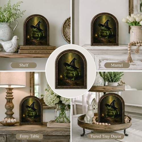 Witch Frog Halloween Arched Table Sign - color: Snowy Evergreen Tree