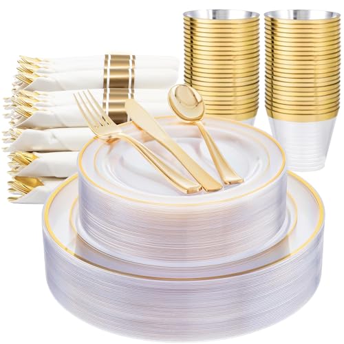 WELLIFE 350PCS Clear-Gold Plastic Plates - 100 Disposable Plates, 150Plastic Silverware, 50 Cups, 50 Napkins for Wedding & Party - color: Clear and Gold, style: 350PCS（50 Guests）