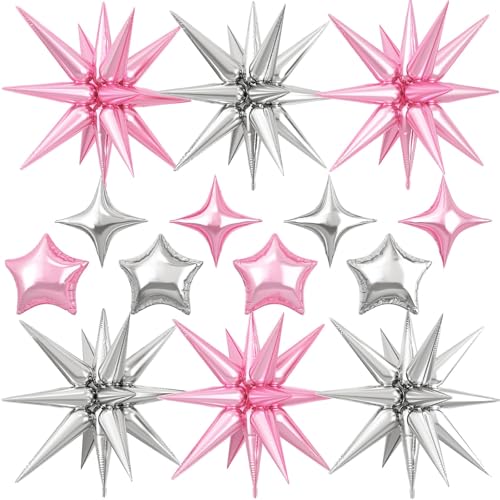 Pink Silver Star Balloons, 22 Inch Explosion Stars & 10 Inch Foil Balloons - color: Pink Silver