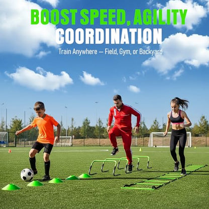 Agility Ladder, Soccer Football Training Equipment Set - 20ft Speed Ladder, 4 Hurdles,Parachute, 12 Cones & Jump Rope | Agility & Speed Training for Kids Youth Adults,Basketball & Football Accessories - color: Green