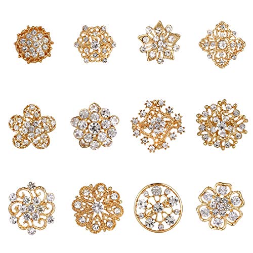Lot 12pc Small Size Rhinestone Crystal Flower Brooches Pins Set DIY Wedding bridal Bouquet Women Broaches - color: Gold