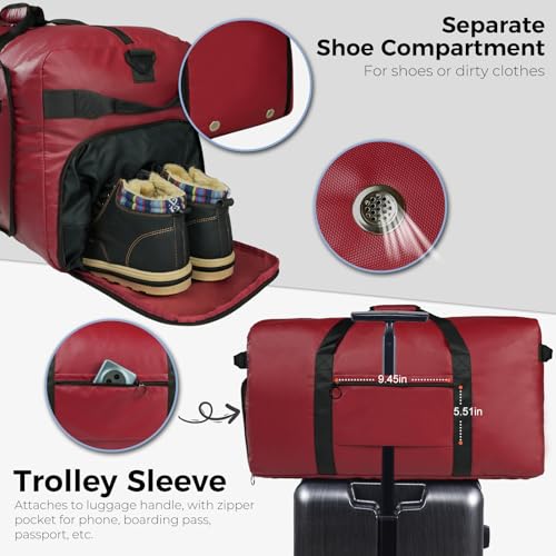 Fmeida 65L Duffle Bag with Shoes Compartment, Foldable Travel Duffel Bags for Men Women, Large Packable Travel Bag Water Repellent & Tear Resistant (Red) - color: Glossy Red