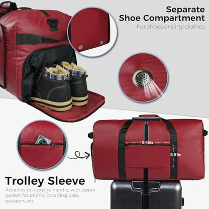 Fmeida 65L Duffle Bag with Shoes Compartment, Foldable Travel Duffel Bags for Men Women, Large Packable Travel Bag Water Repellent & Tear Resistant (Red) - color: Glossy Red