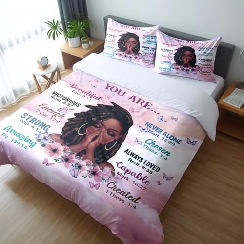 Kids Comforter Sets, Queen Size, Pink White | Prayer Girl and African American Girl, Inspirational Quotes with Floral Butterfly, For Girls Women, Teens Bedding - color: Pink White, size: Queen