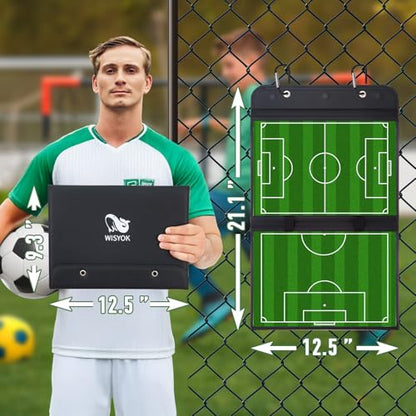 WISYOK Leather Covered Magnetic Soccer Lineup Board, Foldable and Portable Clipboard for Coaches with 48 Cards, 2 Markers, 4 Hooks and 1 Organizer Bag - style: Soccer Leather