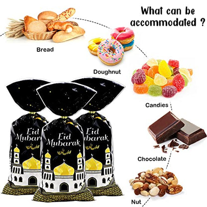 Eid Mubarak Goodie Bags, 100 Pieces Muslim Castle Moon Star Pattern Ramadan Treat Bags Cellophane Bags Goody Favor Bags with Gold Twist Ties for Muslim Islamic Eid Iftar Diwali Party Kids Gifts - - color: Black