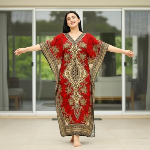 Women's Kaftan Dress – Loose Fit Maxi Gown – Kimono Style Beach Cover Up – Elegant Resort Wear and Nightwear - color: Red