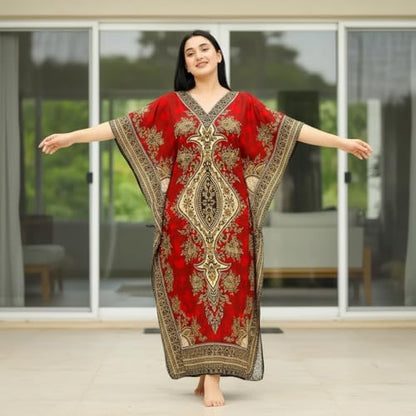 Women's Kaftan Dress – Loose Fit Maxi Gown – Kimono Style Beach Cover Up – Elegant Resort Wear and Nightwear - color: Red