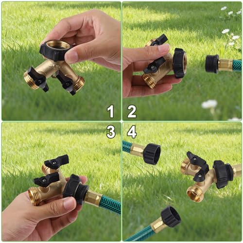 Biswing Garden Hose Splitter 2 Way, Heavy Duty Brass Connector Tap Splitter, Y Splitter 2 Valves with 2 Extra Rubber Washers - size: 2 Way