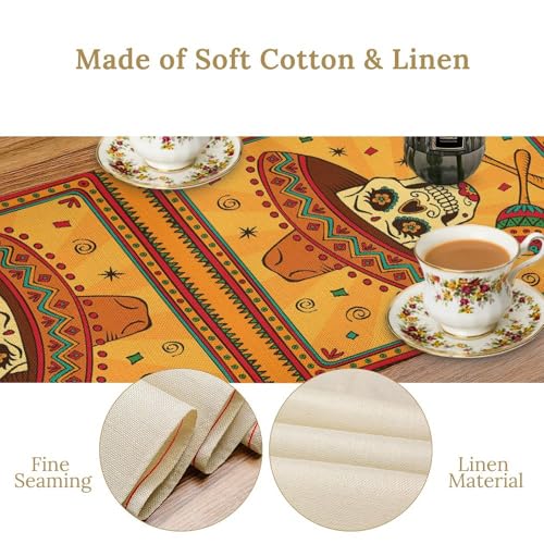 Cotton Linen Table Runner Mexican, Mexican Skull Cartoon Traditional Celebration Latino Rectangle Table Collection for Dinner Wedding Birthday Party 13x36 Inch - color: Mexican-1, size: 13x36 Inch