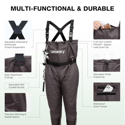Lekesky Fly Fishing Chest Waders with Boots for Men Women, US Sizes 5–14,2-Ply Nylon/Pvc Waterproof Waders - color: Brown, size: M7/W9