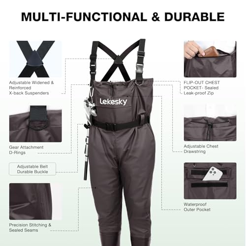 Lekesky Fly Fishing Chest Waders with Boots for Men Women, US Sizes 5–14,2-Ply Nylon/Pvc Waterproof Waders - color: Brown, size: M8/W10