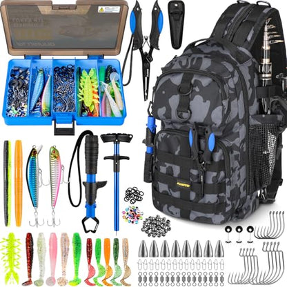 PLUSINNO Fishing Backpack with Tackle Boxes, Waterproof Fishing Sling Tackle Bag For Fishing Gear With Rod Holder, Fishing Gifts for Men With Fishing lures, Fishing pliers. - color: Black Fishing Backpack With Fishing Tools