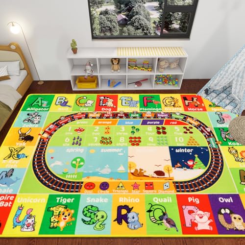 ABC Kids Rug for Playroom 59"×39.4" Play Mat Alphabet Mat Animal Number Shape Classroom Rug Kids Playroom Playmat Early Learning Carpet for Educational Learning & Game Area Preschool - color: Abc Animals, size: 39.4 × 59 inches (Rectangular)