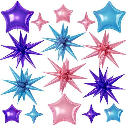 Pink Purple Blue Star Balloons,16Pcs 22/18/10 Inch Foil Mermaid Decor Set - color: Pink Purple Blue