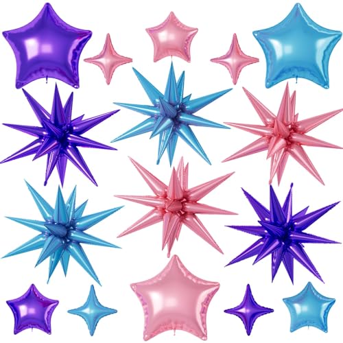 Pink Purple Blue Star Balloons, 22/18/10 Inch Foil Balloons, Four-Pointed Balloon for Women Girl Princess Mermaid Birthday Baby Shower Party Decorations - color: Pink Purple Blue