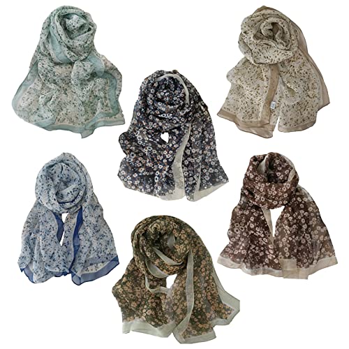 amokk 6 Packs Fashion Scarves for Women Lightweight Chiffon Scarfs for Women Summer Shawl Warp Floral Head Scarf - color: Color-5