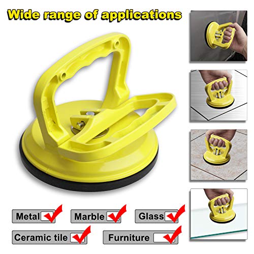 FCHO Glass Suction Cup Heavy Duty Aluminum Vacuum Plate Puller Handle Holder Hooks Duty Galss Lifting/Tile Suction Cup Lifter/Moving Glass/Pad for Lifting (Yellow, 2Pack) | Aluminum Single Glass Vacuum Suction Cup With Hooks For Tile Glass Moving Lifting