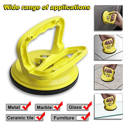 FCHO Glass Suction Cup Heavy Duty Aluminum Vacuum Plate Puller Handle Holder Hooks Duty Galss Lifting/Tile Suction Cup Lifter/Moving Glass/Pad for Lifting (Yellow, 2Pack) | Aluminum Single Glass Vacuum Suction Cup With Hooks For Tile Glass Moving Lifting