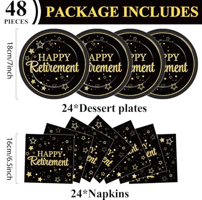 48Pcs Happy Retirement Paper Plates and Napkins Retirement Party Decorations Farewell Black and Gold Party Supplies Disposable Dinnerware Dessert Plates for Birthday Graduation Women Men Serves 24 - style: Happy Retirement