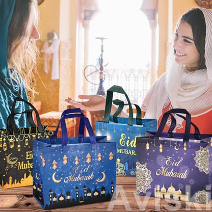 Aviski 4PCS Eid Mubarak Reusable Gift Bags, Treat Bags with Handles, Eid Mubarak Party Bags, Multifunctional Non-Woven Eid Bags for Gifts Wrapping, Party Supplies