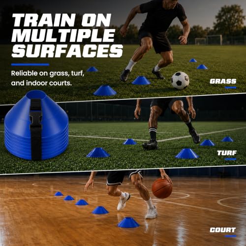 American Challenge Large Disc Cones – Set of 6 Agility Cones for Sports Training – Compact Soccer Cones with Carry Strap for Drills & Practice - color: Royal