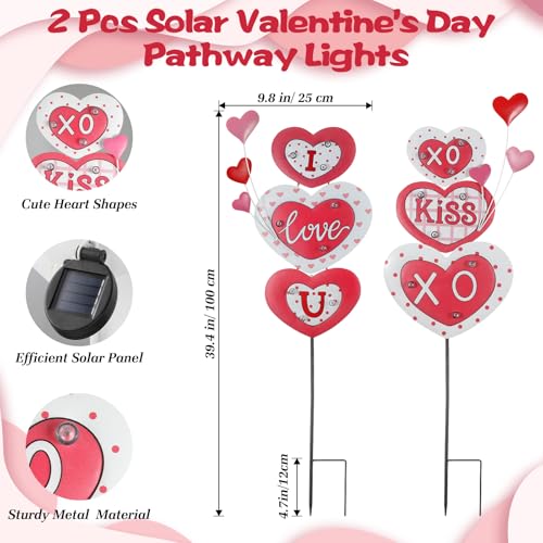 Lewondr 2 Pcs Valentine's Day Decorations Outdoor, Metal Solar Pathway Lights, Love Heart Decorative Garden Stakes Lights with 18 LED Beads, Waterproof Yard Signs for Porch Lawn Wedding Anniversary - style: Love Heart