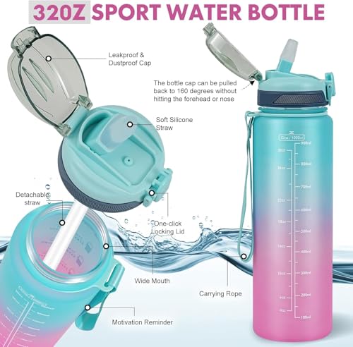 Water Bottle with Straw 1L,Boys Water Bottles with Straw 1 Litre,Waterbottle Leak-Proof Sports Water Bottle,Plastic Drinks Bottles Toxin Free，Bpa-Free (Cyan Pink) - color: 09-Cyan Pink