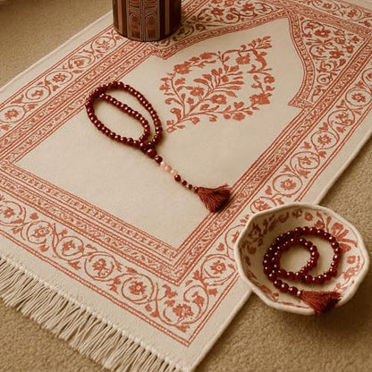 Islamic Prayer Rug 4 Pcs Gift Set with Kaaba Design Box | Sajadah, Tasbih, Perfume | Suitable for Ramadan, Eid, Travel, or Home (Burgundy, Standart) - color: Burgundy