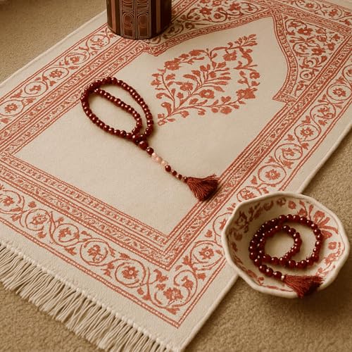 Islamic Prayer Rug 4 Pcs Gift Set with Kaaba Design Box | Sajadah, Tasbih, Perfume | Suitable for Ramadan, Eid, Travel, or Home (Burgundy, Standart) - color: Burgundy