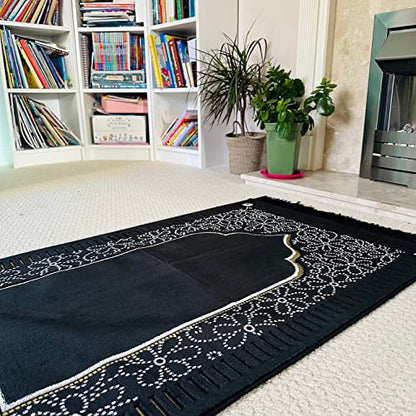 Mihrab Patterned Original Luxury Velvet Prayer Mat/Rug- 750g Weight | Made in Turkey (Black) - color: Black
