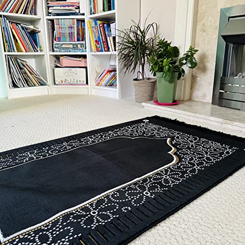 Mihrab Patterned Original Luxury Velvet Prayer Mat/Rug- 750g Weight | Made in Turkey (Black) - color: Black