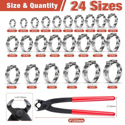 AKIHISA 666Pcs Single Ear Hose Clamps, 24 Sizes 5.3-34.6mm 304 Stainless Steel Ear Clamps Crimp Hose Clamps Cinch Rings Assortment Kit for Automotive, Pipe, Plumbing - size: 666Pcs (5.3-34.6mm)