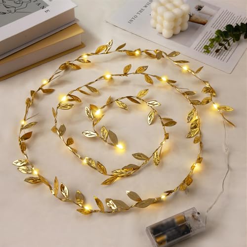 Gold Leaf String Lights Battery Operated, 20LED 6.56ft Fairy Lights with Leaves Vines for Bedroom, Garland Hanging Light for Room Decor Party Wedding Dorm, 2 Pack - color: Gold