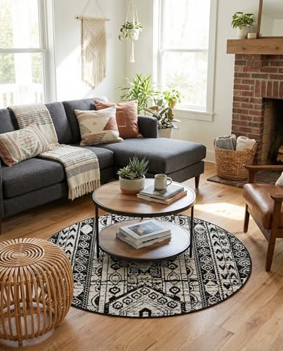 Rugs.com - Oregon Collection Rug – 3 Ft Round Black and White Easy-Clean Rug – Perfect for Entryways, Small Bedrooms, and Home Offices - color: Black and White, size: 3' (Round)