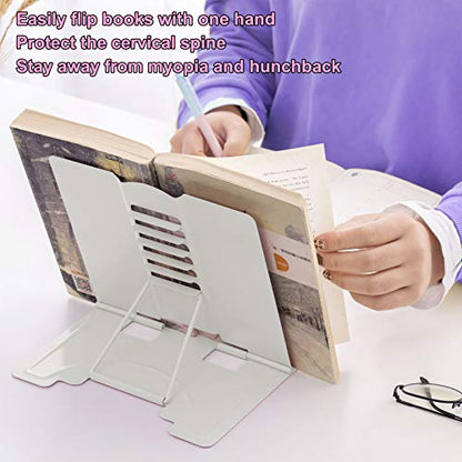 MSDADA Book Stand Metal Reading Rest Book Holder Adjustable Cookbook Documents Holder Portable Sturdy Bookstands for Recipes Textbooks Tablet Music Books with Page Clips Gifts for Girls (Milky White) - color: Milky White
