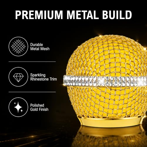 Bling Gold Mic Cover with Crystal Band for SM58/Beta58, 4-Pack | Mic Head Covers Use Sparkle 24K-Plated Metal Mesh with Silver Rhinestone Band and Inner Foam Filter to Shine the Vocal Kit