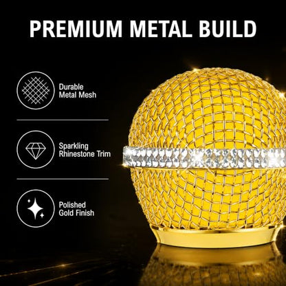 Bling Gold Mic Cover with Crystal Band for SM58/Beta58, 4-Pack | Mic Head Covers Use Sparkle 24K-Plated Metal Mesh with Silver Rhinestone Band and Inner Foam Filter to Shine the Vocal Kit
