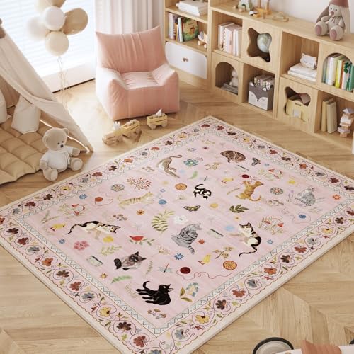 Rugcomf Area Rug 3x5 Washable Non Slip Floral Animal Cat, Pink - color: Pink/Cat, size: 3' x 5' (Rectangular)
